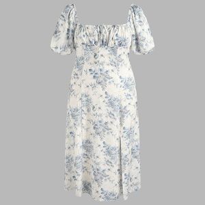 Cider Blue Floral Puff-Sleeve Midi Dress